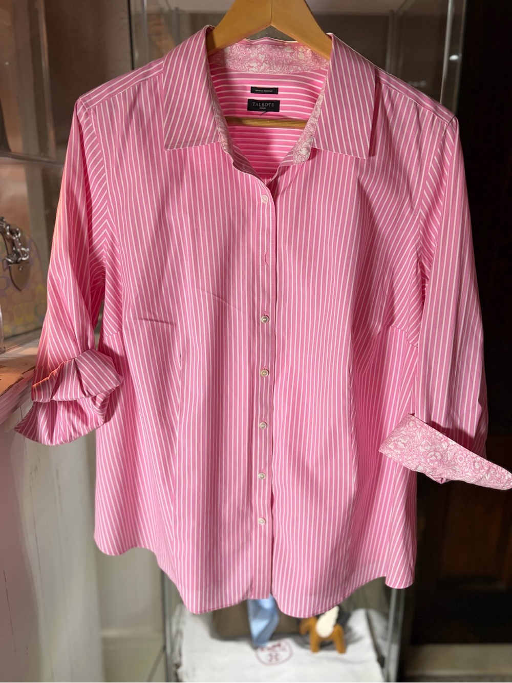 Talbots Pink and White Striped Button-Front Shirt with Floral Trim